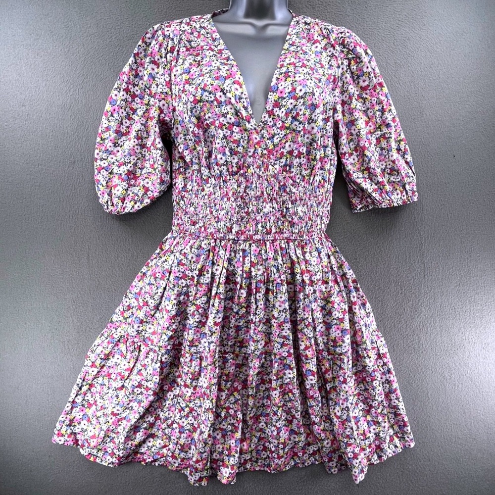 Gap Women Mini Dress Floral Rayon S Tall Smocked Puff Sleeve Cottagecore Pink